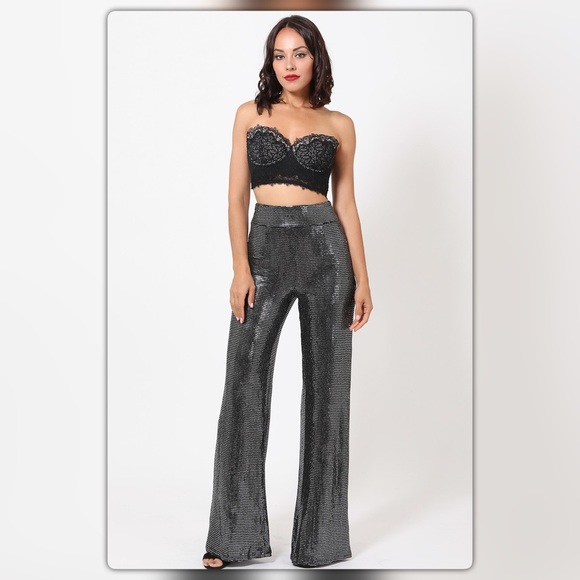High Waisted Silver Metallic Shiny Pants - Picture 1 of 8